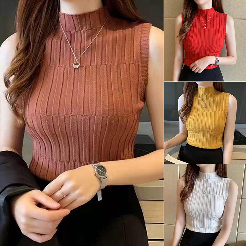 T-shirt col roulé sans manches pour femme, haut moulant en tricot, de , collection été automne