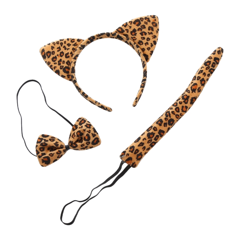 3 st djurkostymer för barn katt/mus/hund/ko/leopard/grodöron pannband svans fluga svans djur cosplay tillbehör: Silver-