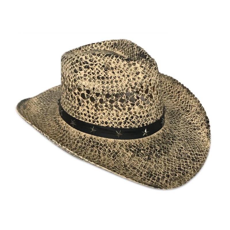 YY-sombreros de paja de estilo vaquero para hombre, gorros de paja con remaches anchos de estrella de cinco puntas, gorra de Jazz, sombrero de playa de vaquera hueco CM19013