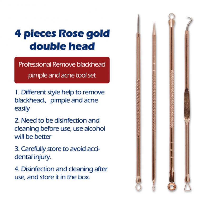 4pc Rose Gold Blackhead Pimple Needles Acne Extractor Remover Blemish Treatments Beauty Cleaning Pore Facial Skin Care Tool: Default Title