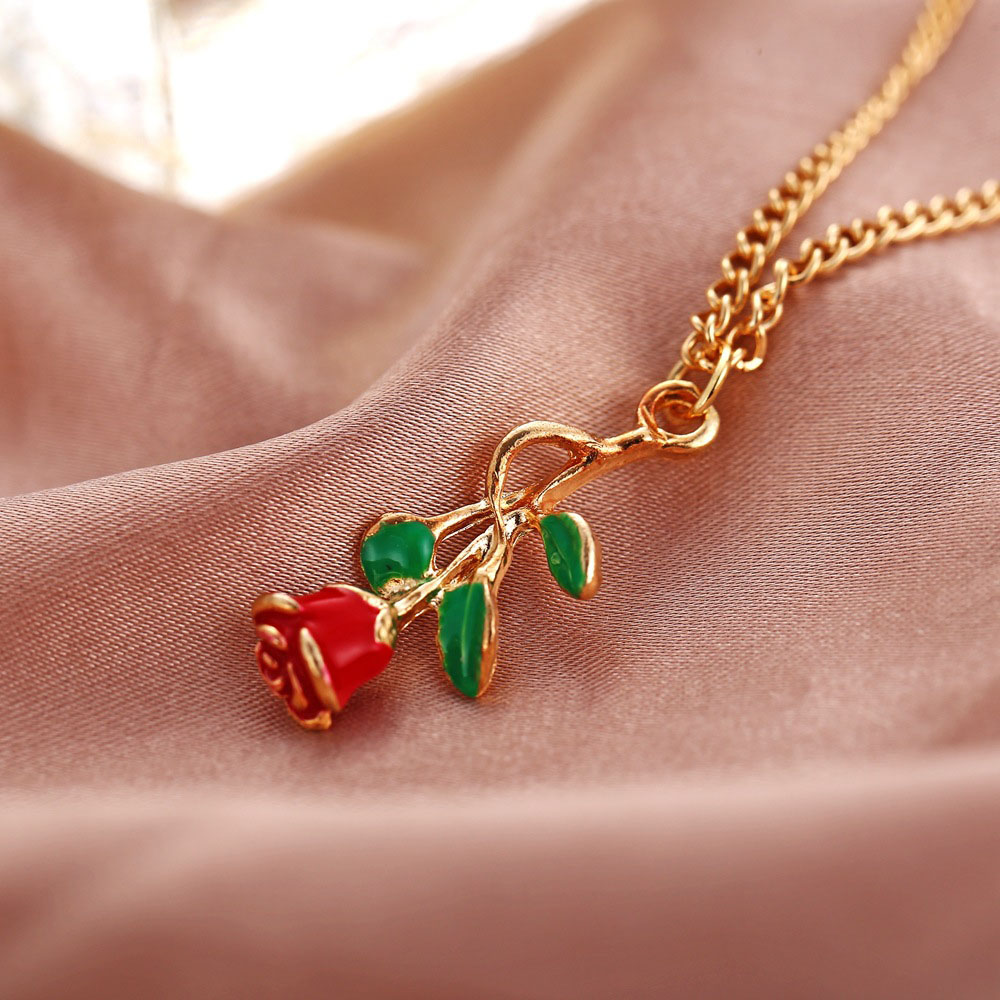 Yobest Red Rose Flower Pendant Necklace for Women Vintage Boho Botanical Necklace Glamour Party