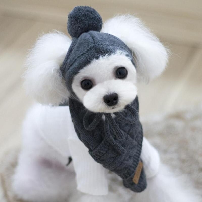 Hat til hunde vinter varme striber strikket hat + tørklæde krave hvalpe bamse kostume juletøj santa hund kostume chihuahua: Mørkegrå / M