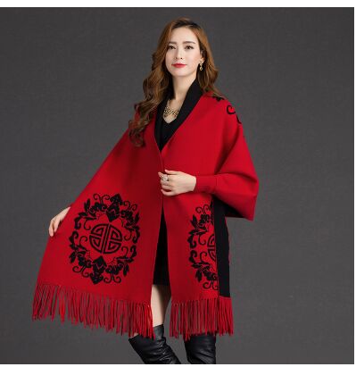 de para mujer Otoño Invierno Warmv patrón de flores Slit mezcla de lana a cuadros manta capa de Poncho abrigo chales con borlas bufanda