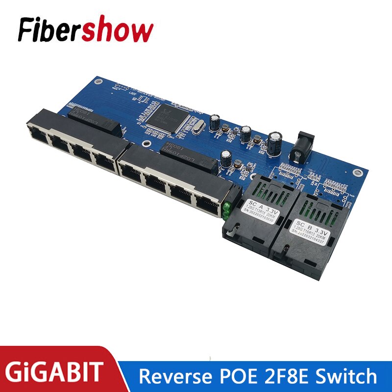 Reverse POE switch 8 RJ45 2 SC fiber Gigabit Ethernet switch media converter Fiber Optical UTP Port 10/100/1000M PCBA