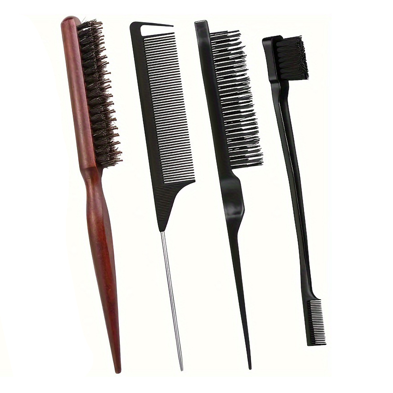 Juego de cepillos para el cabello con cerdas de jabalí de 4/5 piezas, kit de peinado con control de bordes unisex para untar y alisar la espalda, cabello rizado y normal: Rojo