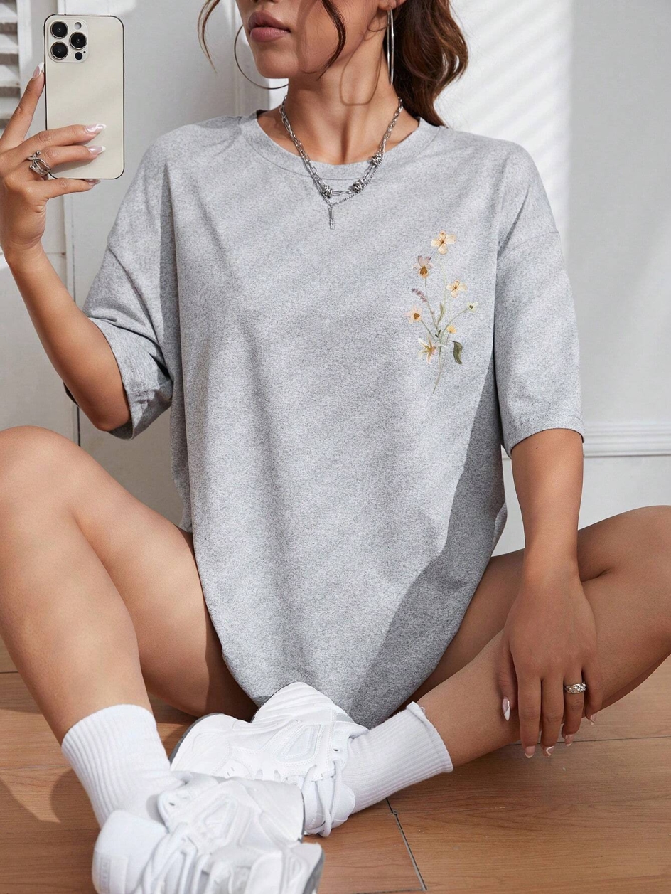 Lindas clusters de flores estampadas de algodão camisetas femininas casuais respiráveis macias manga curta tops soltos e confortáveis roupas de rua