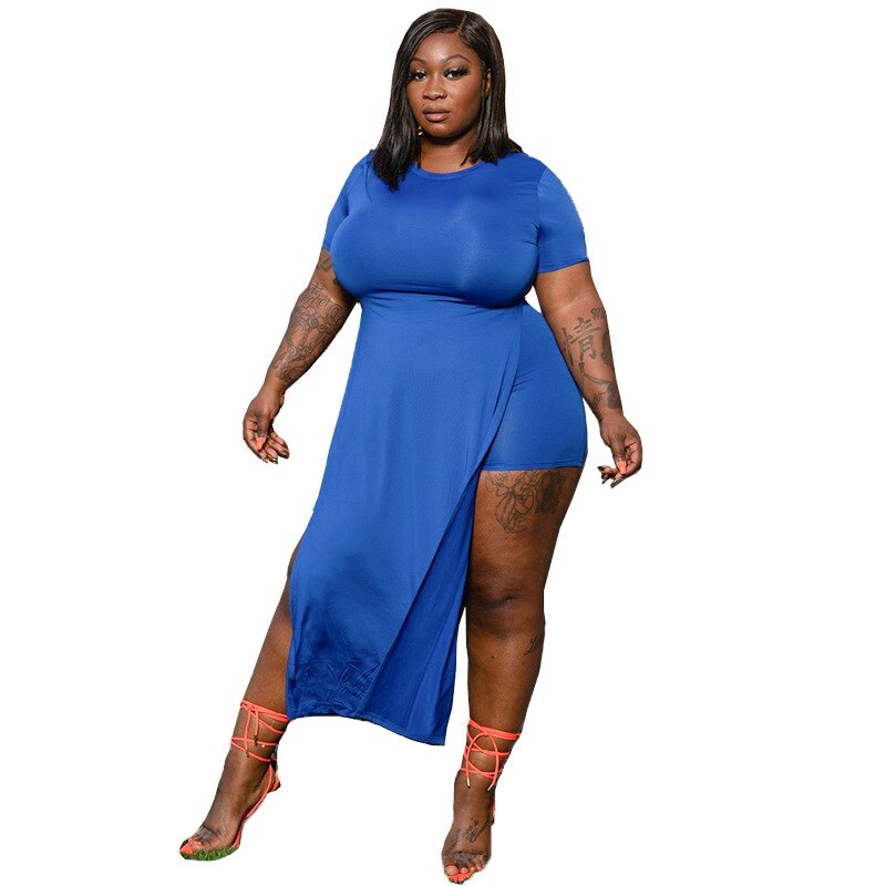 CM.YAYA Women Plus Size Tracksuit Solid Short Sleeve Split X-long T-shirt Strechy Short Two 2 Piece Sets Sporty Outfit Summer: Blue / XL