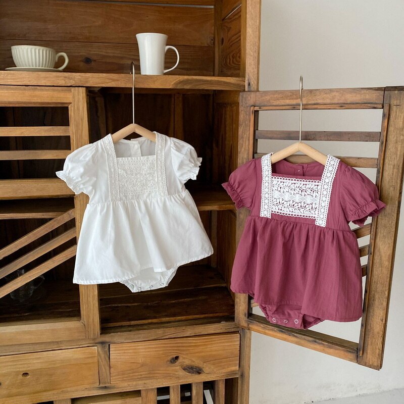 Body d&#39;été pour bébé fille, col carré, blanc, violet, manches bouffantes, dentelle, vêtements en coton pour enfant, 2022, E2042