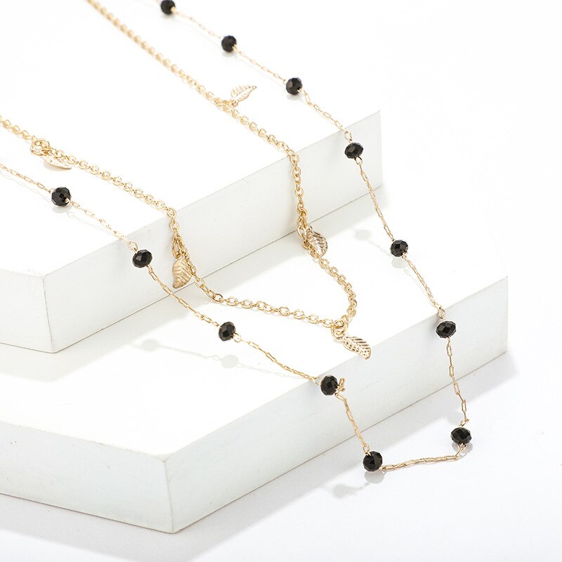 Dubbele Gelaagde Ketting Vrouwen Kwastje Charm Choker Ketting Zwarte Kralen Bohemian Ketting Metalen Goud Kleur Party Fe