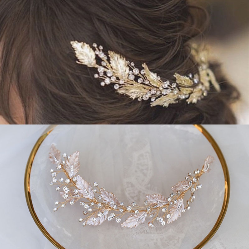 SLBRIDAL Handmade Vinatge Gold Crystal Rhinestones Branch Leaf Wedding Hair accessories Hair Vine Bridal Headband Women Jewelry