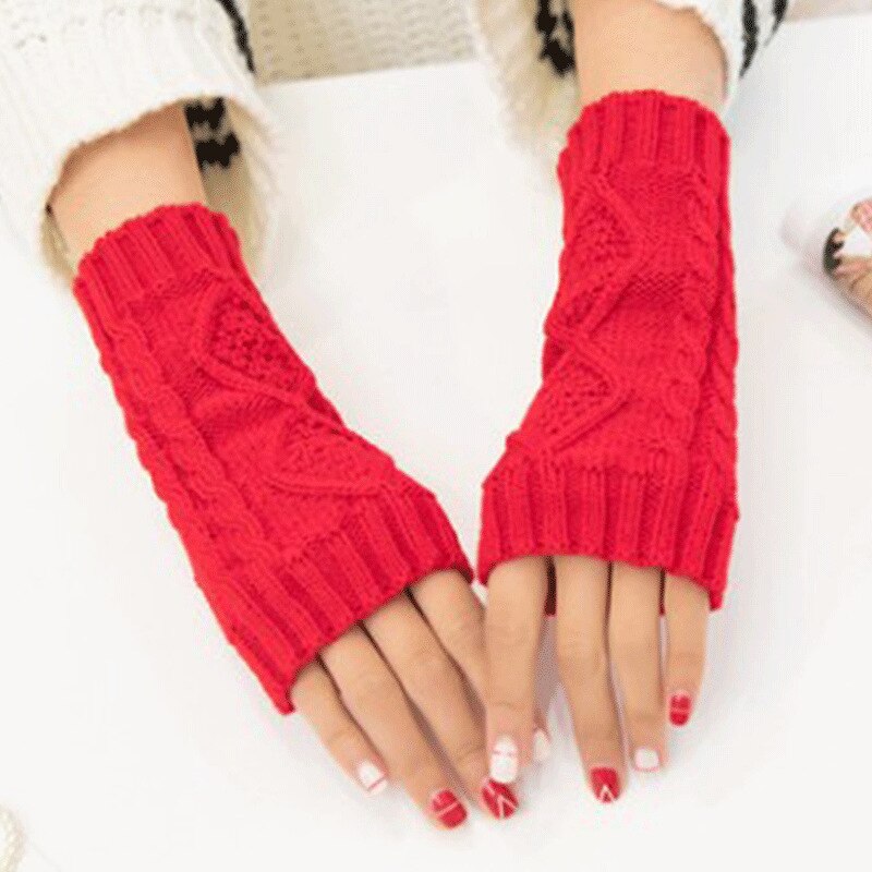 Solide vinterhandsker kvinder strikkede fingerløse damerhandsker armvarmer vanter handsker vinter varm håndled uld rød sort grå handsker: Rød