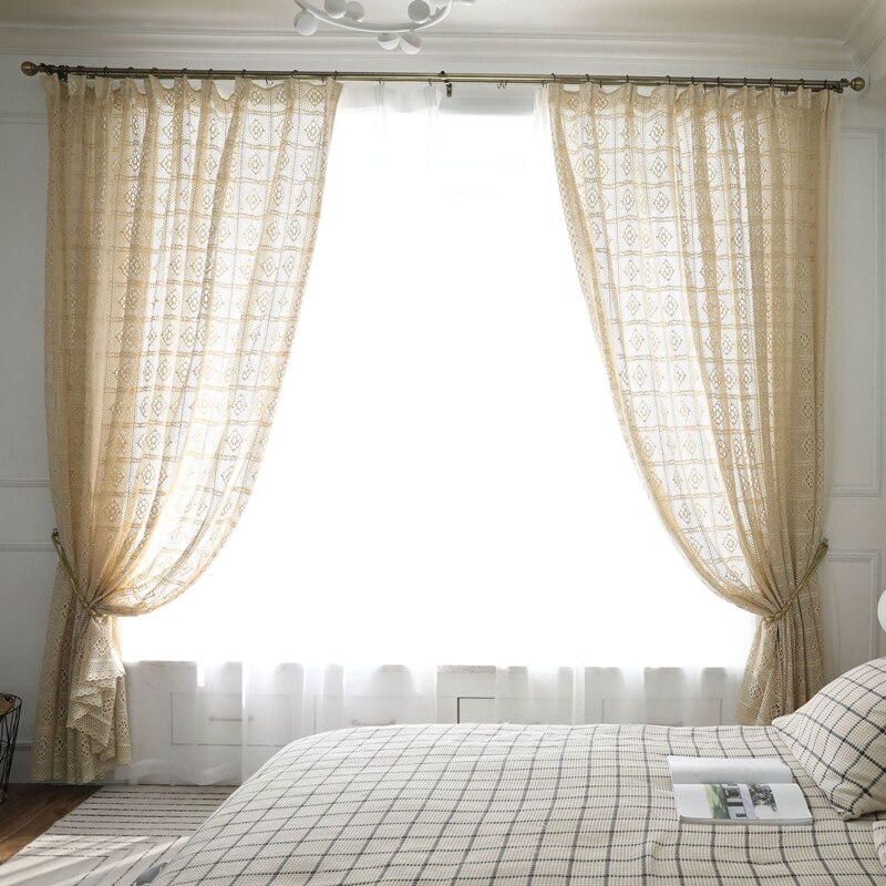 Handmade Cotton Translucent Retro Hollow Curtain Finished Nordic Country Fabric Floor-to-ceiling Screen