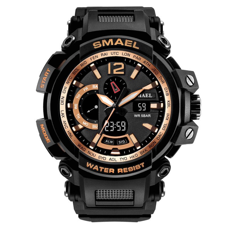 Snelle Levering Smael Mannen Sport Shock Horloge 30M Waterdicht Mannen Klok Dual Display Analoge Digitale Led Elektronische Horloges: Gold 