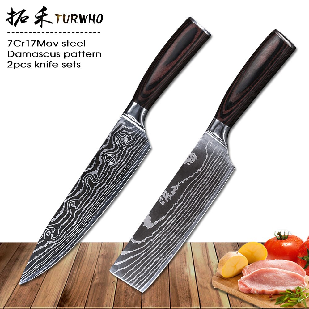 TURWHO 8 inch kitchen knives Imitation Damascus pattern chef knife Sharp Cleaver Nakiri Knives Utility Knives tools: 2pcs knife sets
