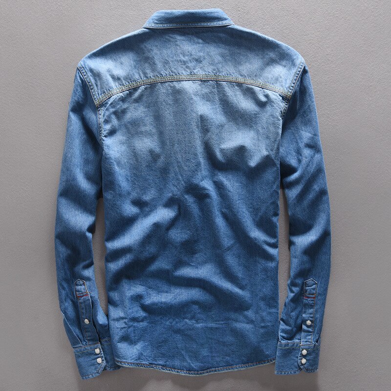 Camisas Vintage de para hombre, pantalones vaqueros azul claro con cuello, camisa informal para otoño, ropa de calle de primavera, tops vaqueros de manga larga de algodón