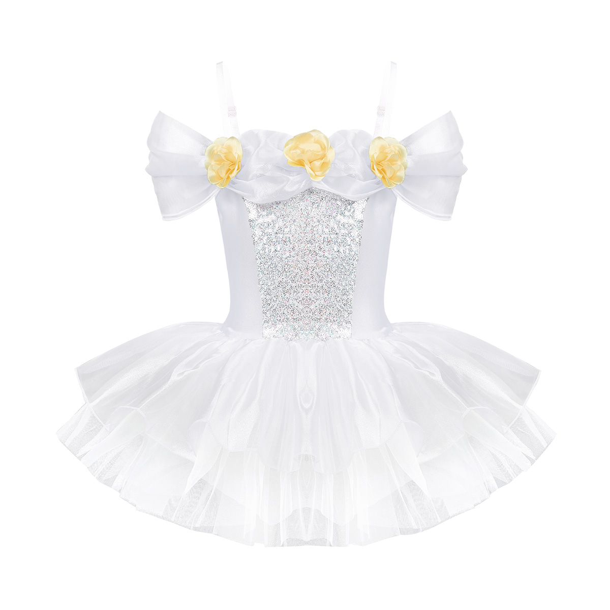 Iiniim-ballerine pour enfants, bretelles épaules dénudées, fleurs 3D, Ballet, danse, gymnastique, justaucorps, robe Tutu: White / XS