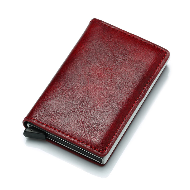 Business Credit Card Holder Mannen Multifunctionele Automatische Aluminium Legering Lederen Kaarten Case Mannen Mini Portemonnee Slanke Portemonnee: wine red