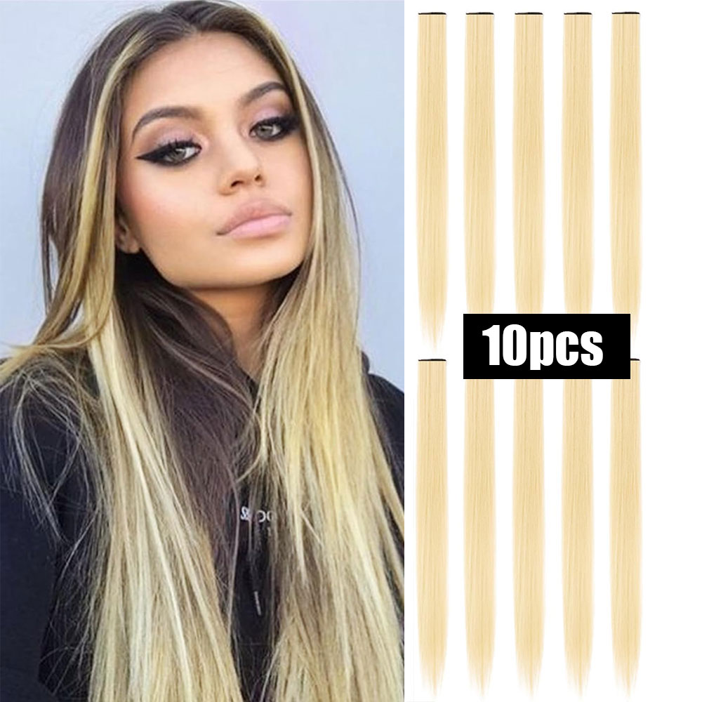 10 st färgade hårförlängningar raka hårstycke flerfärgade festslingor clips syntetiskt hår för kvinnor flickor cosplay: 1b/30hl