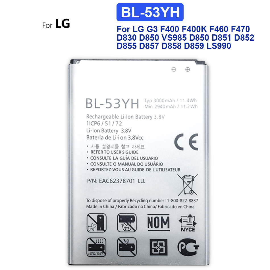 3000mAh BL-53YH Battery For LG G3 F400 F400K F460 F470 D830 D850 VS985 D850 D851 D852 D855 D857 D858 D859 LS990 +Tracking Number
