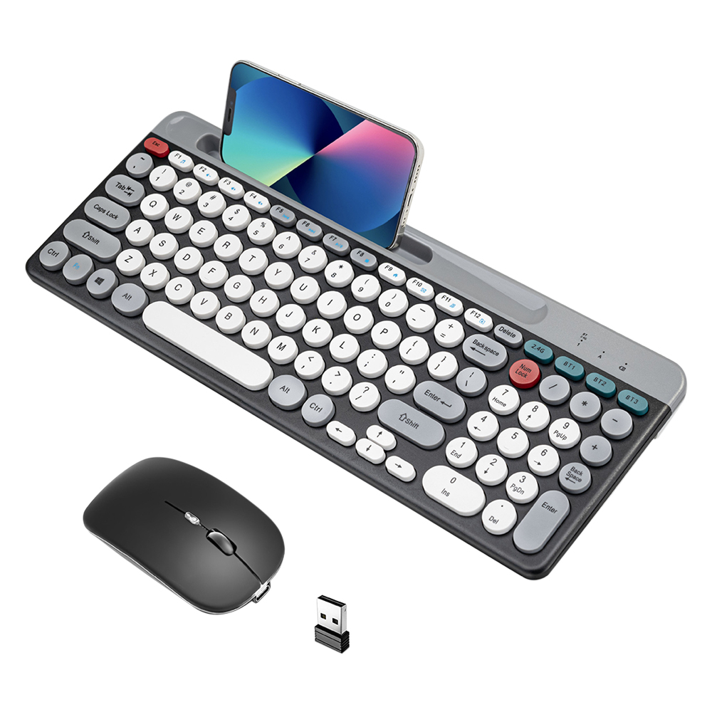 Dual Mode Wireless Keyboard And Mouse Set Vintage Punk Style Round Keycaps Rechargeable Suitable For Laptops Tablets And Desktop
