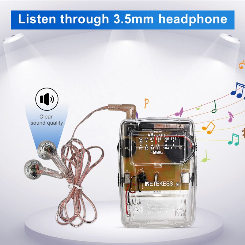 RETEKESS TR624 Transparent Portable Radio AM / FM Pointer Tuning Support Headphones, Used for Church Conference Museum Guide