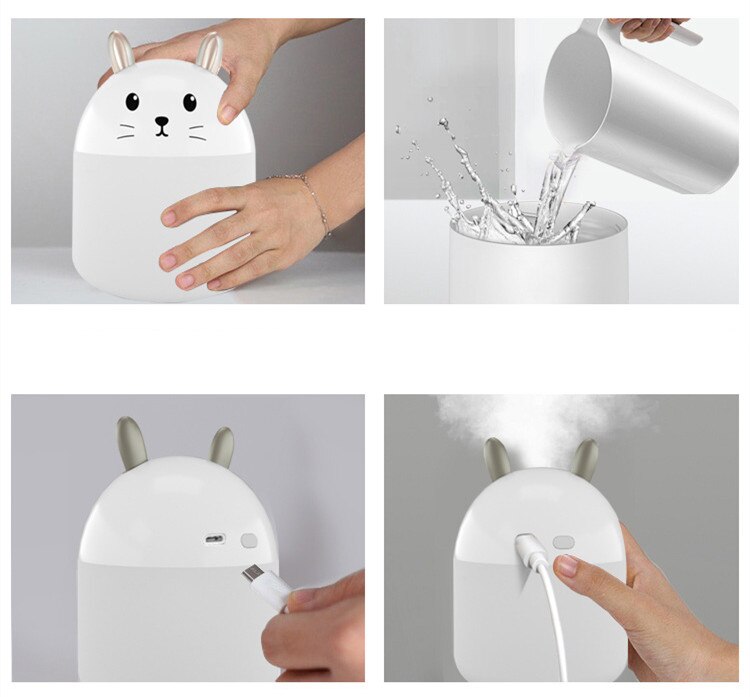 Schattige Konijn Mini Luchtbevochtiger 250Ml Aroma Etherische Olie Diffuser Voor Home Auto Usb Fogger Mist Maker Met Led night Lamp