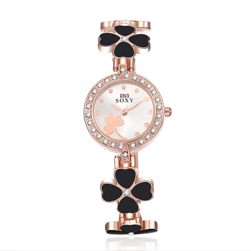 Soxy merk roségouden armbandhorloge dames luxe quartzhorloge met strass, volledig stalen bloemenhorloge dameshorloge relogio feminino