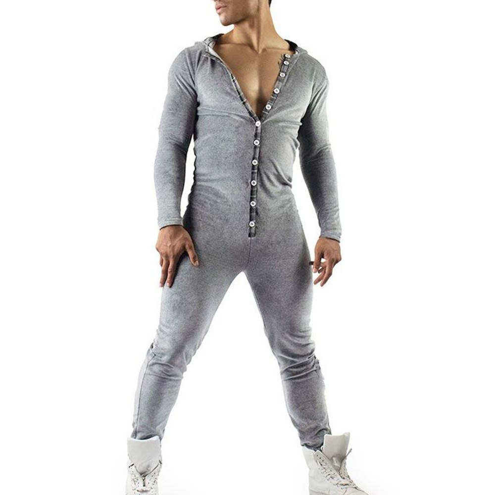 Men Solid Splicing Jumpsuit Men One-piece Garment Pajama Playsuit Fleece Button Hoodie Male Onesie Jumpsuits Overalls Hombre2021: Gray / S