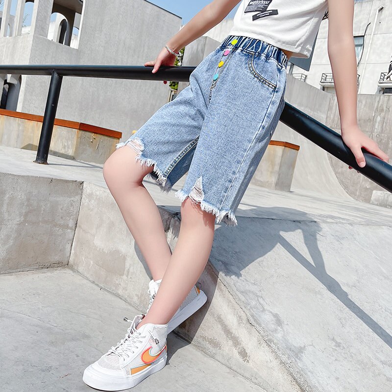 Pantaloncini di jeans per ragazze bottone a colori pantaloncini strappati estivi abbigliamento per bambini pantaloncini per bambini distrutto per adolescente 5 6 7 8 9 10 11 14 anni
