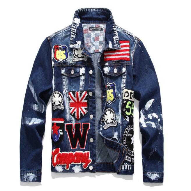 Men's Embroidery Denim Jacket coat: Blue / XL