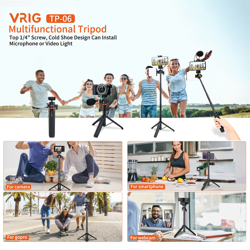 VRIG TP-06 trípode de teléfono con cámara de 4 secciones con cabezal esférico 360 zapato frío palo de Selfie trípode soporte para iPhone 15 14 13 12 cámara de teléfono