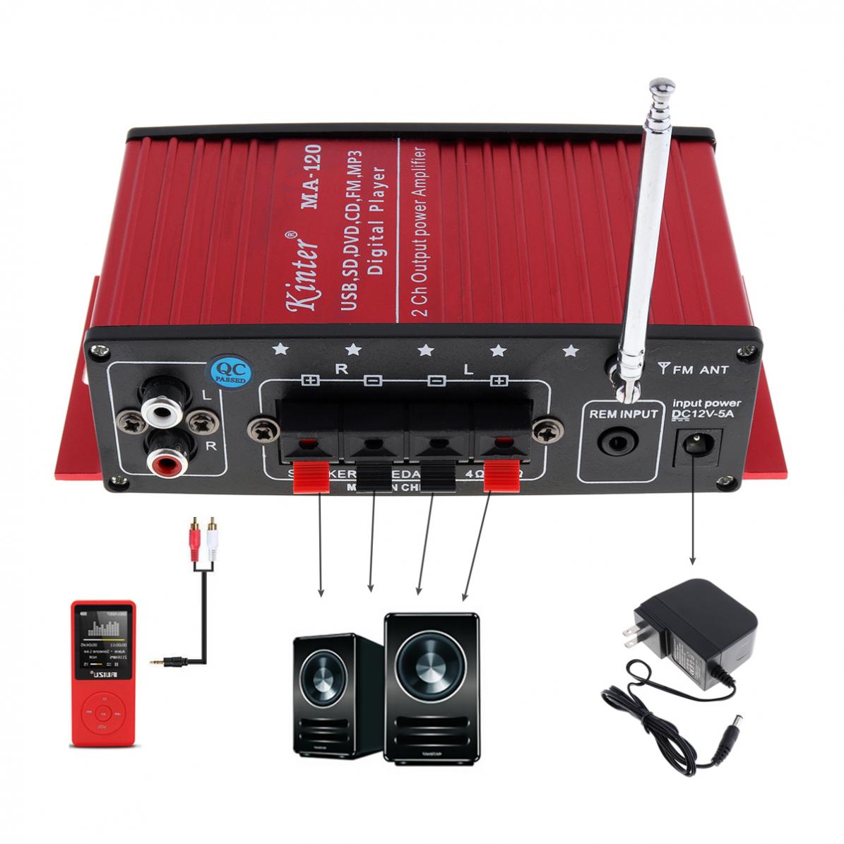Ma120 20w x 2 hifi 2 kanals udgang effekt bilforstærker fm radio stereo afspiller understøtter usb sd dvd  mp3 indgang med fjernbetjening