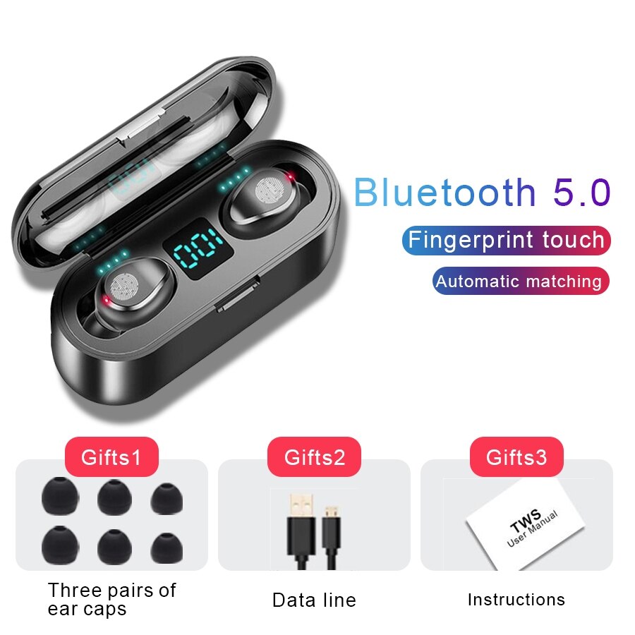 KUGE-auriculares inalámbricos con Bluetooth V5.0, dispositivo estéreo HD, deportivo, resistente al agua, con micrófono Dual y carga de batería de 2000mAh, Cas: Black