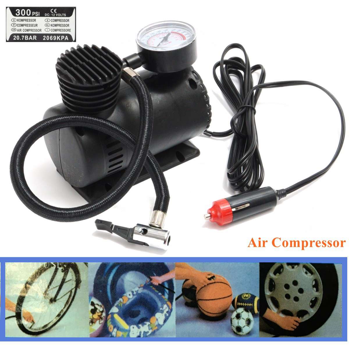 1PC Portable Electric Inflator Black 12V 300 PSI Mini Electric Air Compressor Kit Mini Car Tire Inflator For Ball Bicycle
