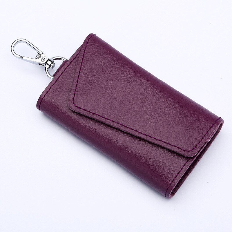 Genuine Leather Keychain Men Women Key Holder Organizer Pouch Cow Split Car Key Wallet Housekeeper Key Case Mini Card Bag: Purple