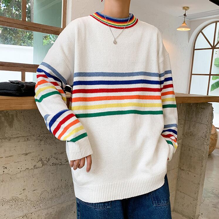 Rainbow striped sweater Korean autumn and winter loose knit men's sweaters