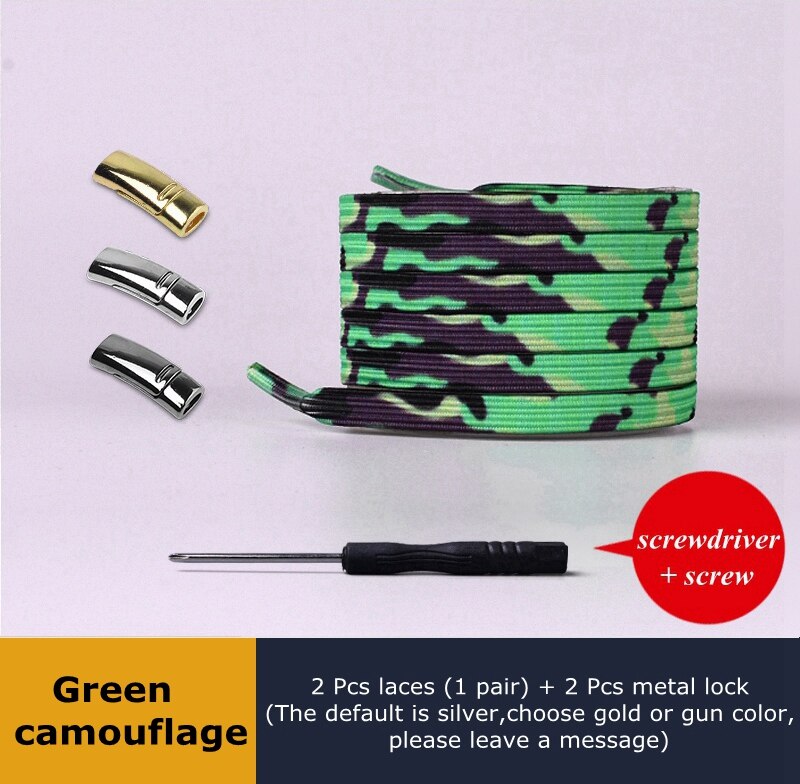 En elastisk uden binde snørebånd sneakers dovne snørebånd børn voksen sikkerhed hurtig flad snørebånd magnetisk metallås udendørs fritid: Grøn camouflage