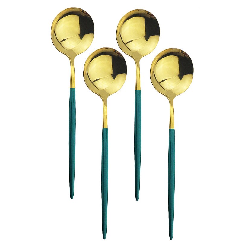 4Pcs Rosa Gold Geschirr Besteck Dessert Löffel Set Lange Griff Spiegel Löffel Besteck Küche Zubehör 304 Edelstahl: Green Gold