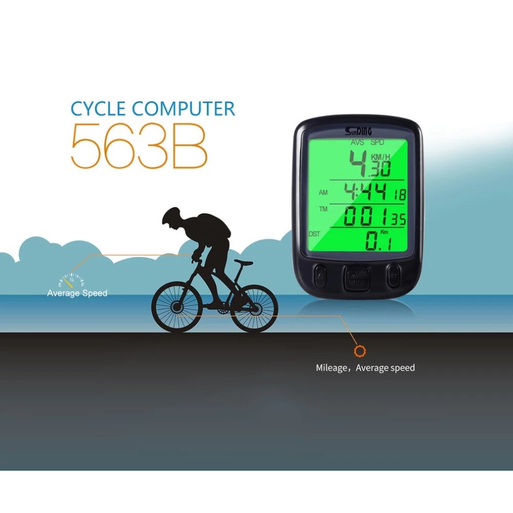 Sunding SD-563B Waterproof LCD Display Cycling Bike Bicycle Computer Odometer Speedometer With Green Backlight
