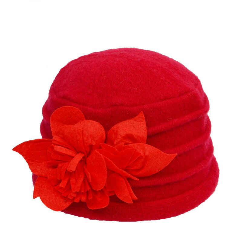 Winter Vintage Cloche Bucket Cap Women's Fedora Hat Ladies Wool Flower Hat Woman Party Headwear Chapeau Femme: red