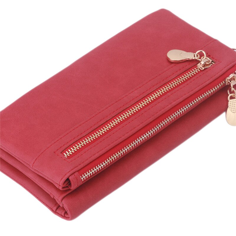 Women Wallets Dull Polish Leather Wallet Double Zipper Day Clutch Purse Wristlet Coin Purse Card Holder Billetera 838559: Red