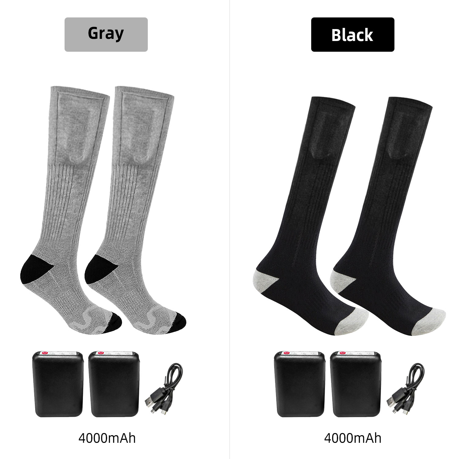 4000mAh Electric Heated Socks Boot Feet Warmer DC Rechargable Battery Warm Sock 3 Heat Level For Winter Skiing: 4000mAh Battery / Black