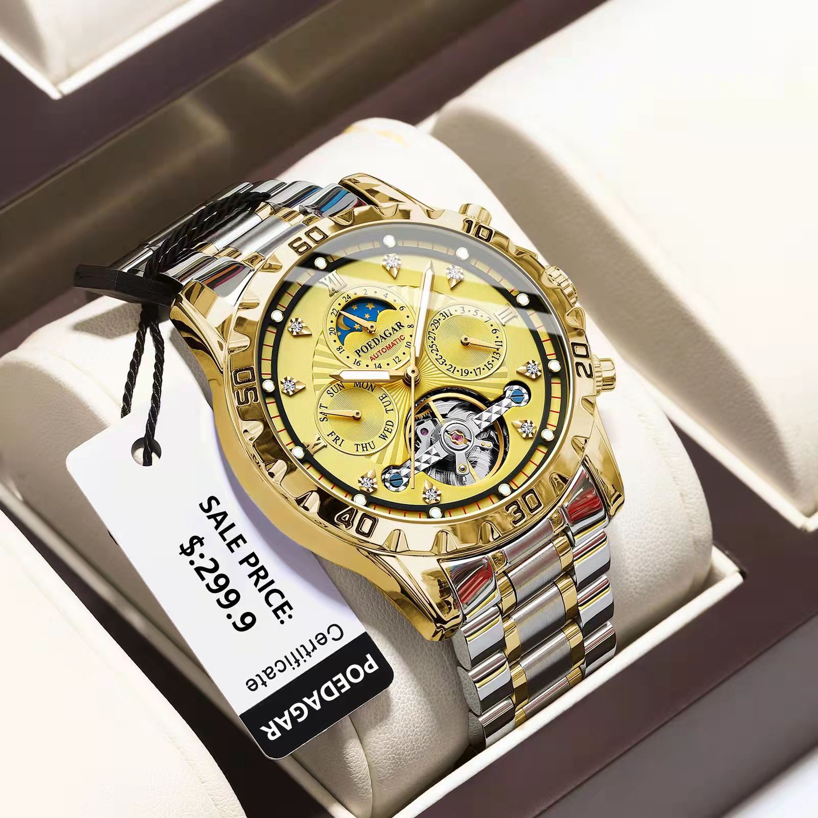 POEDAGAR-Montre de Luxe à Tourbillon Creux pour Homme, Accessoire Étanche, Mécanique et existent, en Acier Inoxydable, avec Date et Semaine
