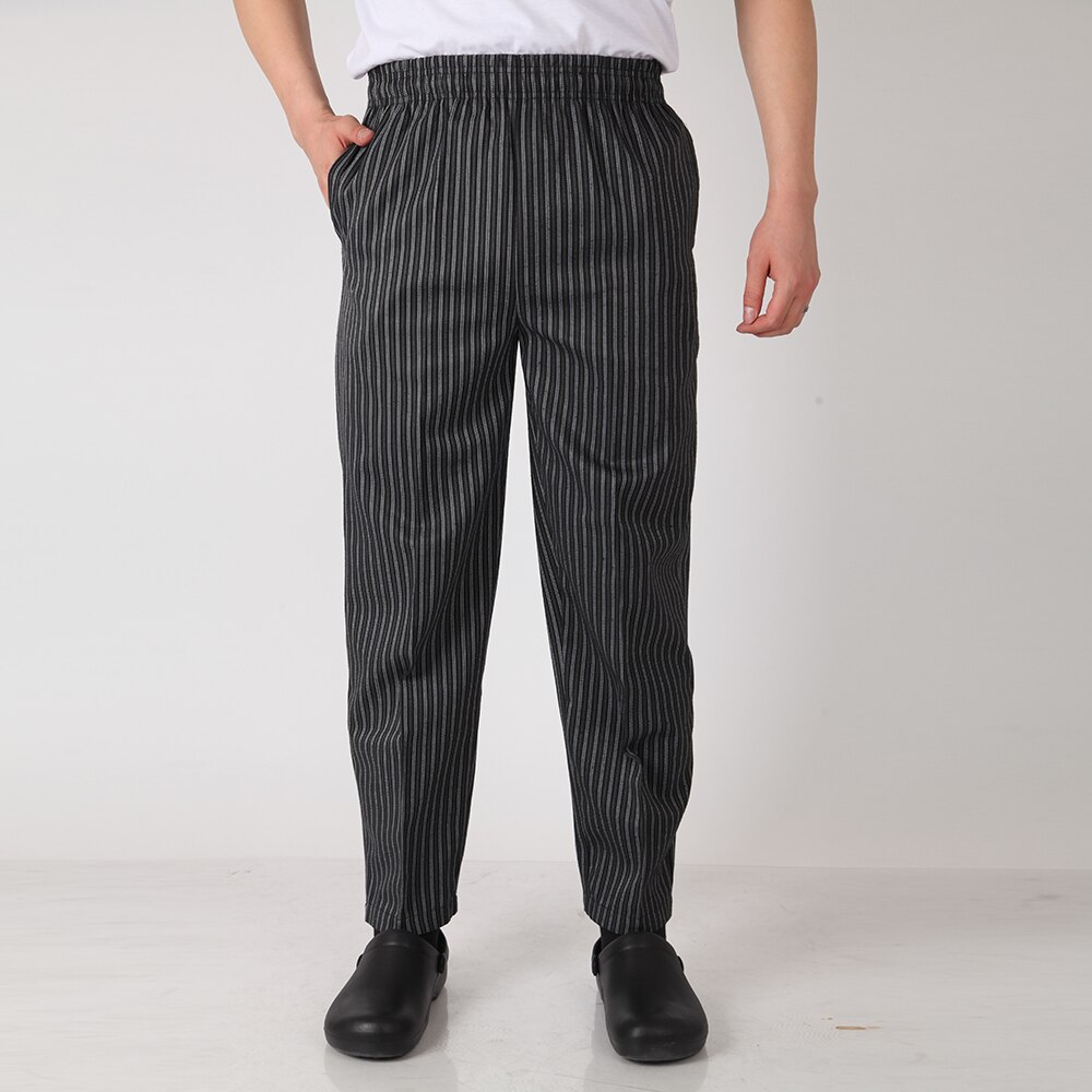 Men Stripe Chef Restaurant Kitchen Work Elastic Waistband Cozinha Hotel Food Service Working Pants Long Trousers with Pockets: 1 / XXL