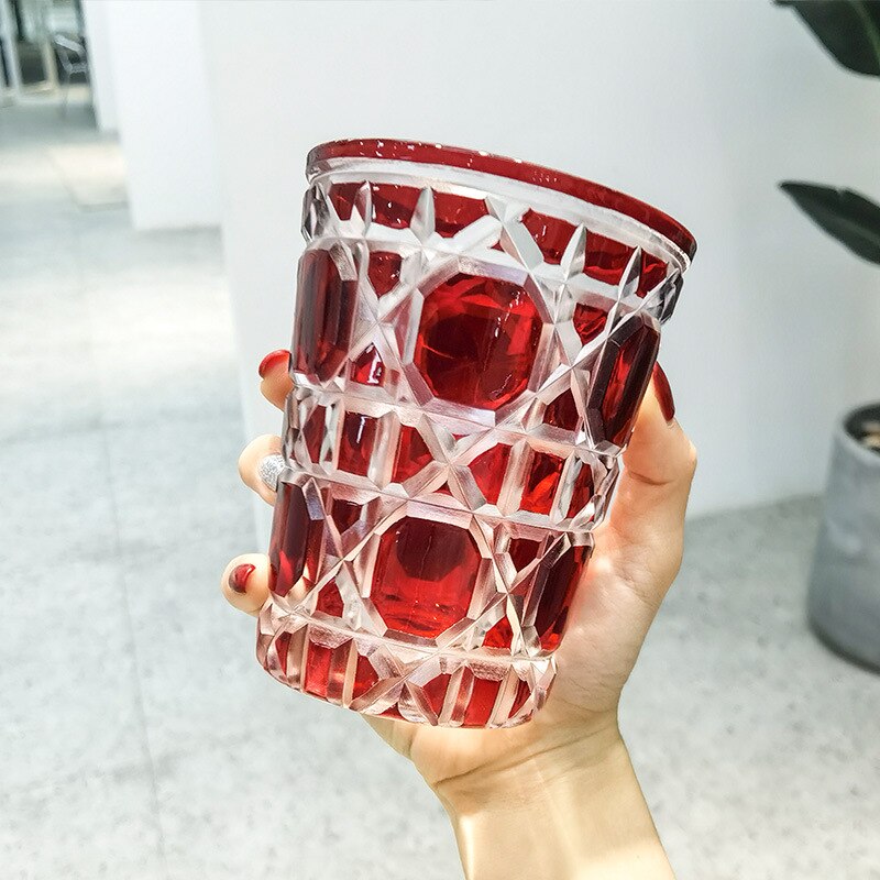 Diamond Whiskey Glass Beer Glass Water Glass Crystal Cut Glass Ins European Style Glass Luxury Simple Coffee Crystal Glass: Red 380ml-1pc