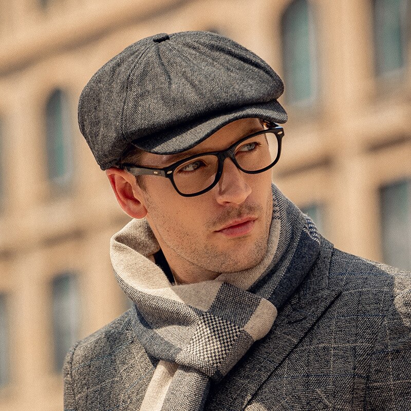 Boina plana Vintage para hombre y mujer, gorro de lana de ala corta, Boina gruesa para vendedor de periódicos, Primavera e invierno,: BLACK