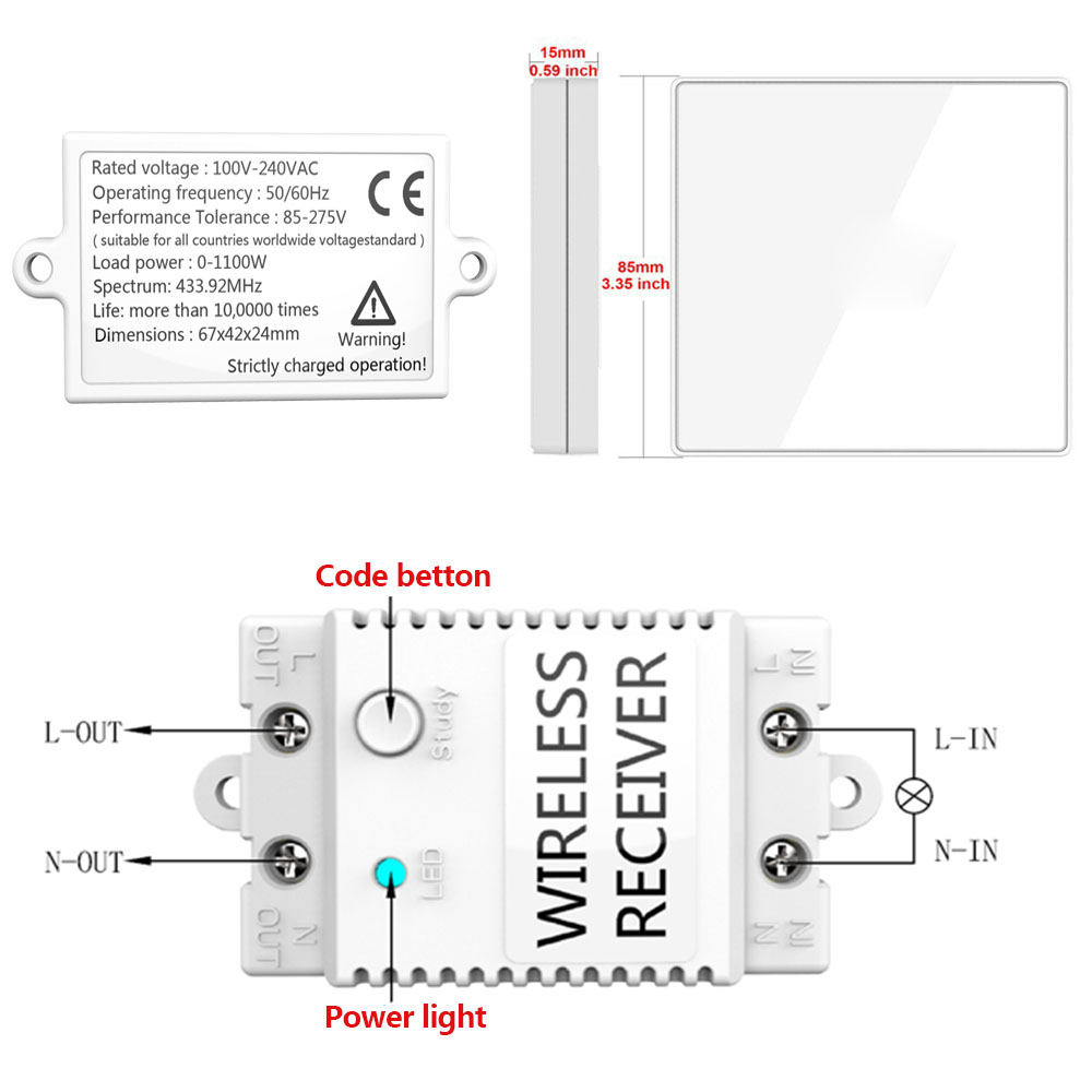 Wireless Remote Control Light Switch, Wireless Receiver Switch Panel 100V-240VAC 50/60HZ Safe for Living Light (1CH-black)
