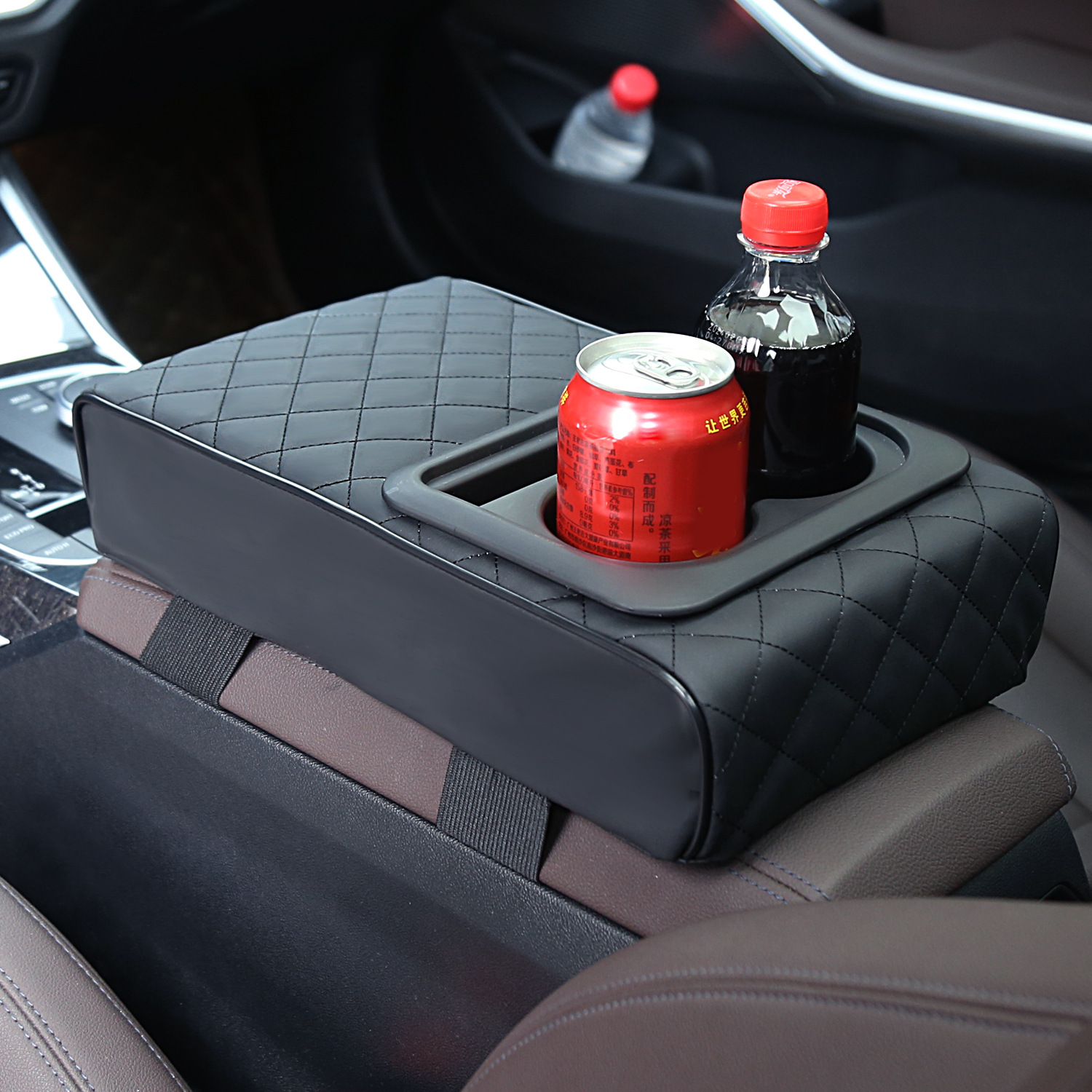 Auto Middenconsole Armsteun Kussen Met 2 Bekerhouder Pu Lederen Armsteun Pad Telefoonhouder Opbergtas Voor De Meeste Auto