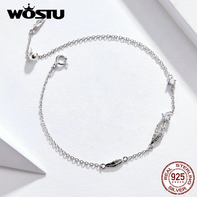 WOSTU European Style Feather Bracelets 925 Sterling Silver CZ Stone Chain Link For Women Wedding Party Silver 925 Jewelry CQB133