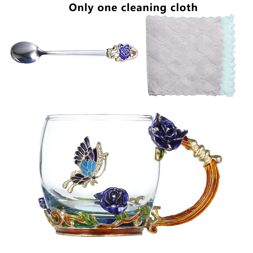 FenKicyen Enamel Glass Cup Red Blue Rose Flower Coffee Cup Wine Cocktail Glasses Tea Mug With Spoon For Lover 320-350ml 1pc: Blue Rose-320ml